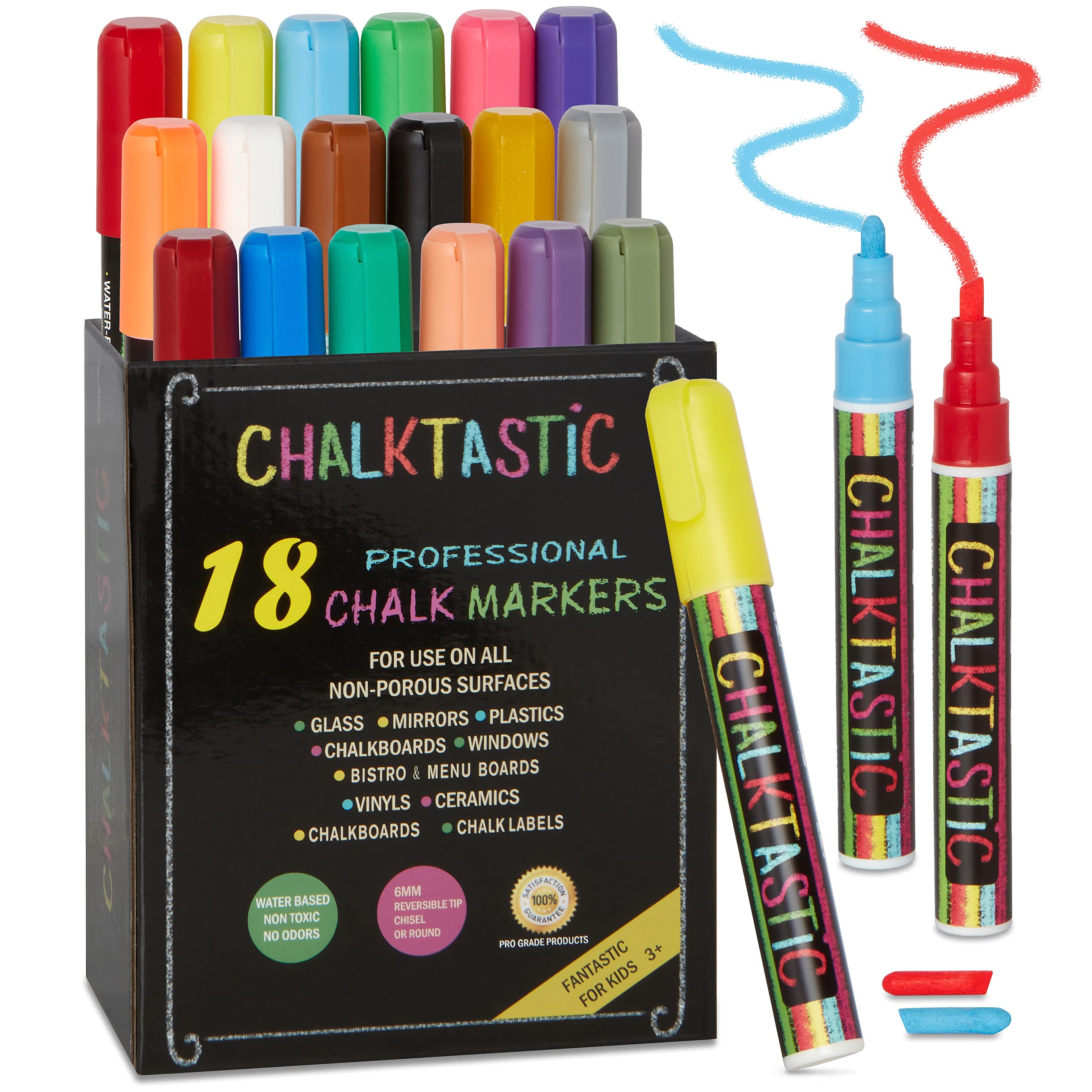 Chalktastic Colorful Art Co. Kreidestifte für Fenster, Tafel, Whiteboard etc. - 18 flüssige Kreidemarker mit Rund- und Keilspitze - Abwaschbar (Neon-Farben)