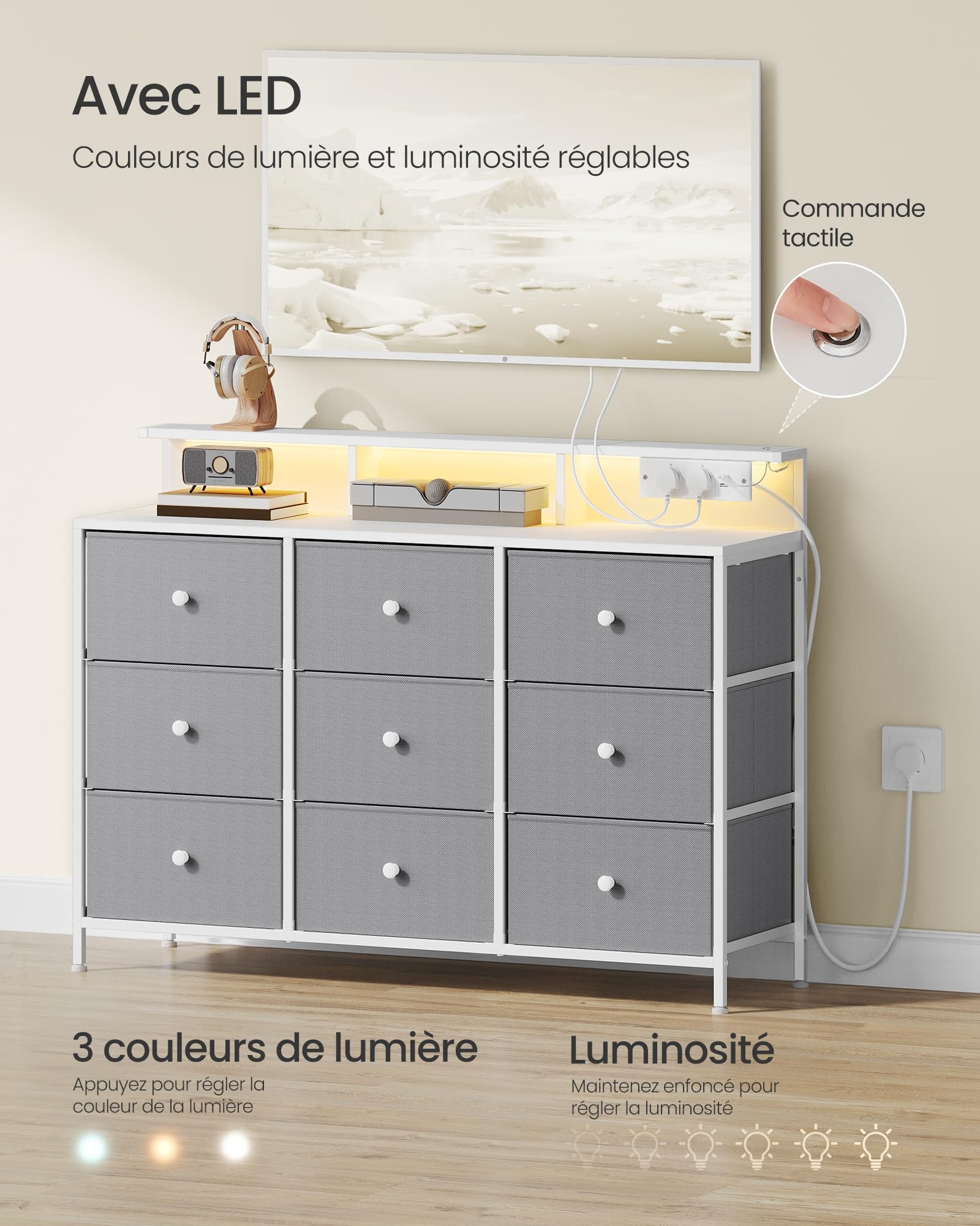 SONGMICS Commode, opbergkast met 9 laden en ledverlichting, stekkerdoos, stalen frame, 33,5 x 114 x 84 cm, voor slaapkamer, woonkamer, wolkenwit LTS519W02