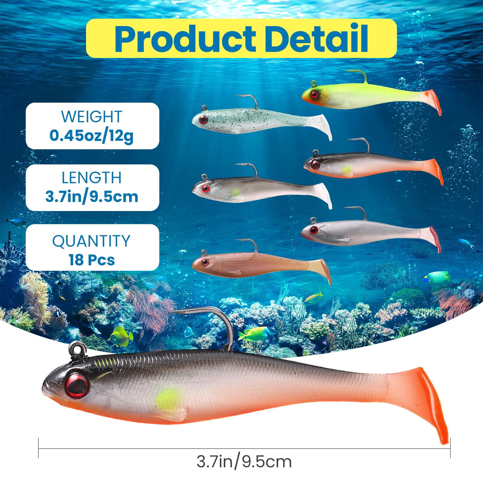 Mimorou 18 paquetes de señuelos de pesca suaves preaparejados, cebos de natación para pesca de lubina, cebos de pesca con cola de remo, equipo de pesca para trucha, lucioperca, agua dulce y salada