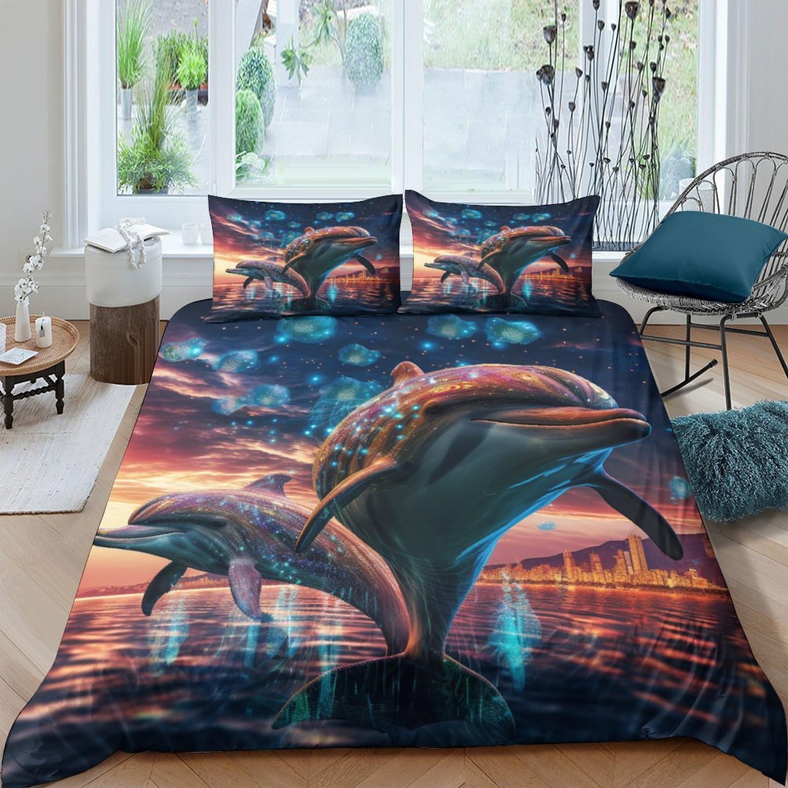 Housse de couette dauphin 3D 200x200 cm avec 2 taies d'oreiller en microfibre