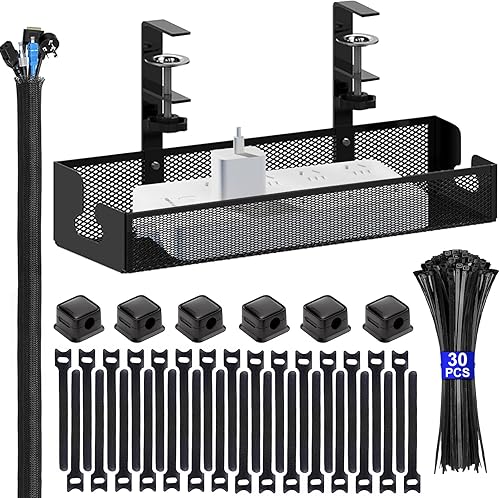 Bandeja de organización de cables para debajo del escritorio, color negro, kit de organización de cables de 15.7 pulgadas, sin caja de taladro,