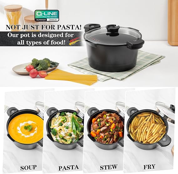 ACTIV CUISINE 5 Quart Pasta Pot with Strainer Lid, Cast Aluminum Stockpot Multi-Pot with Nonstick Ceramic Coating, Tempered Glass Lid for Easy Care, Dishwasher Safe, Induction Safe, Black