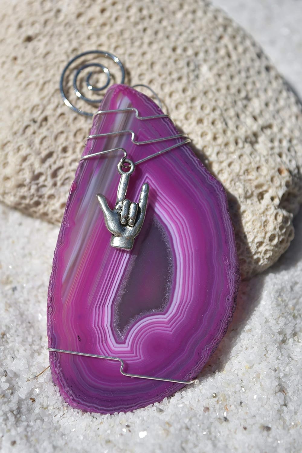 Custom Handmade Agate Slice Ornament with a Silver ASL I Love You Charm - Choose Your Agate Slice Color: - Aqua, Pink, Purple, Blue, or Natural : Handmade Products