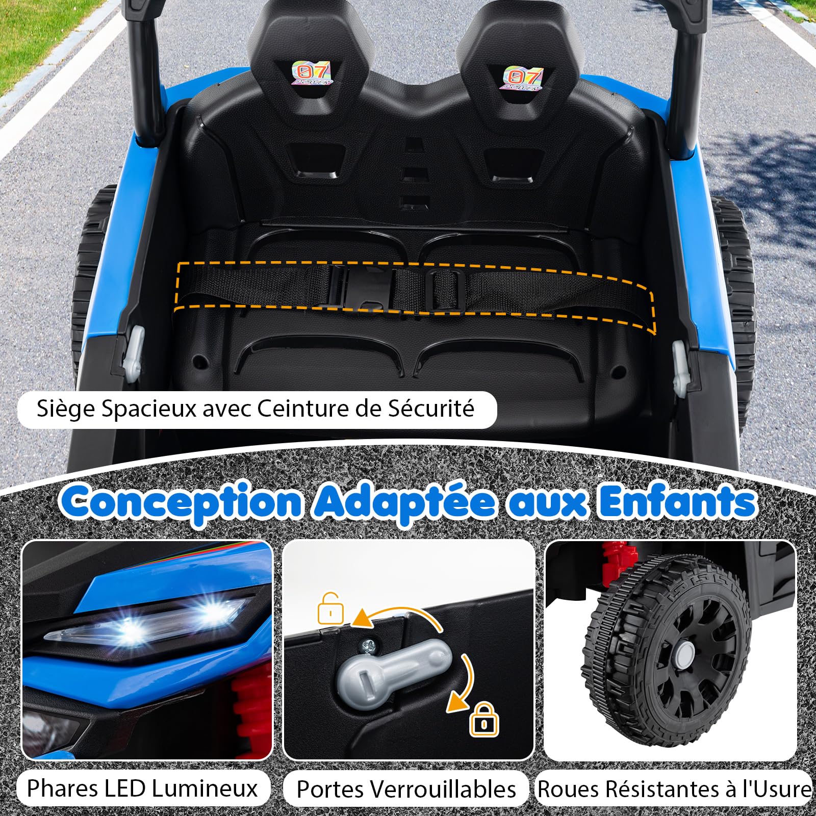 DREAMADE Tracteur Électrique Enfant 12V avec Remorque Détachable, Télécommande Parentale 3 Vitesses, Suspensions, Lumières LED & Musique, Voiture à Batterie pour Enfants 3+ Ans (Bleu)
