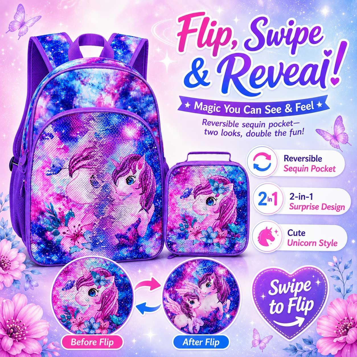 KLFVB 3PCS Unicorn Mermaid Backpack for Girls, 16" Sequin Kids Bookbag and Lunch Box, Preschool Backpacks for Elementary image 2