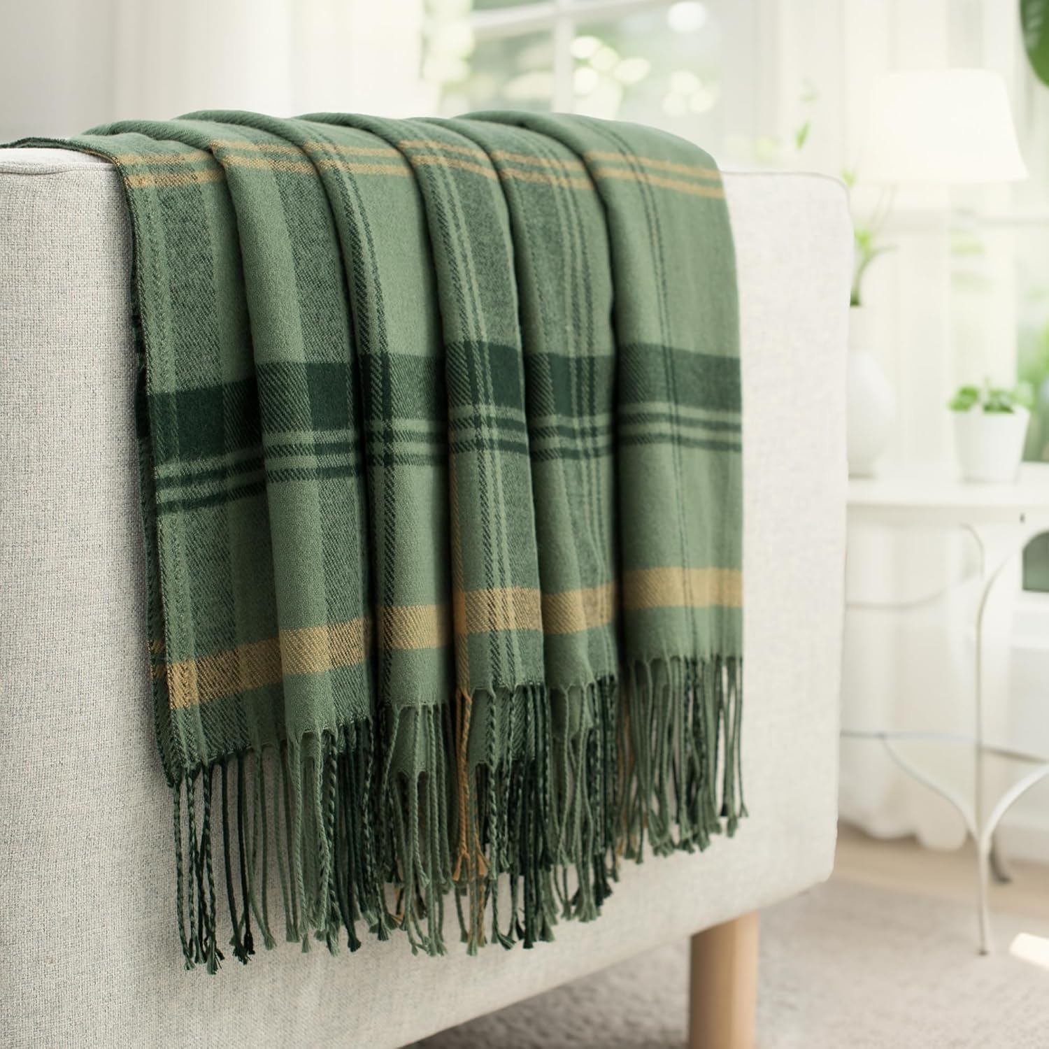 Green Plaid Throw Blanket for Couch,50"X60" Super Soft Cozy Warm Home Decorative Throws with Tassels for Bed Sofa Picnic - Image 7