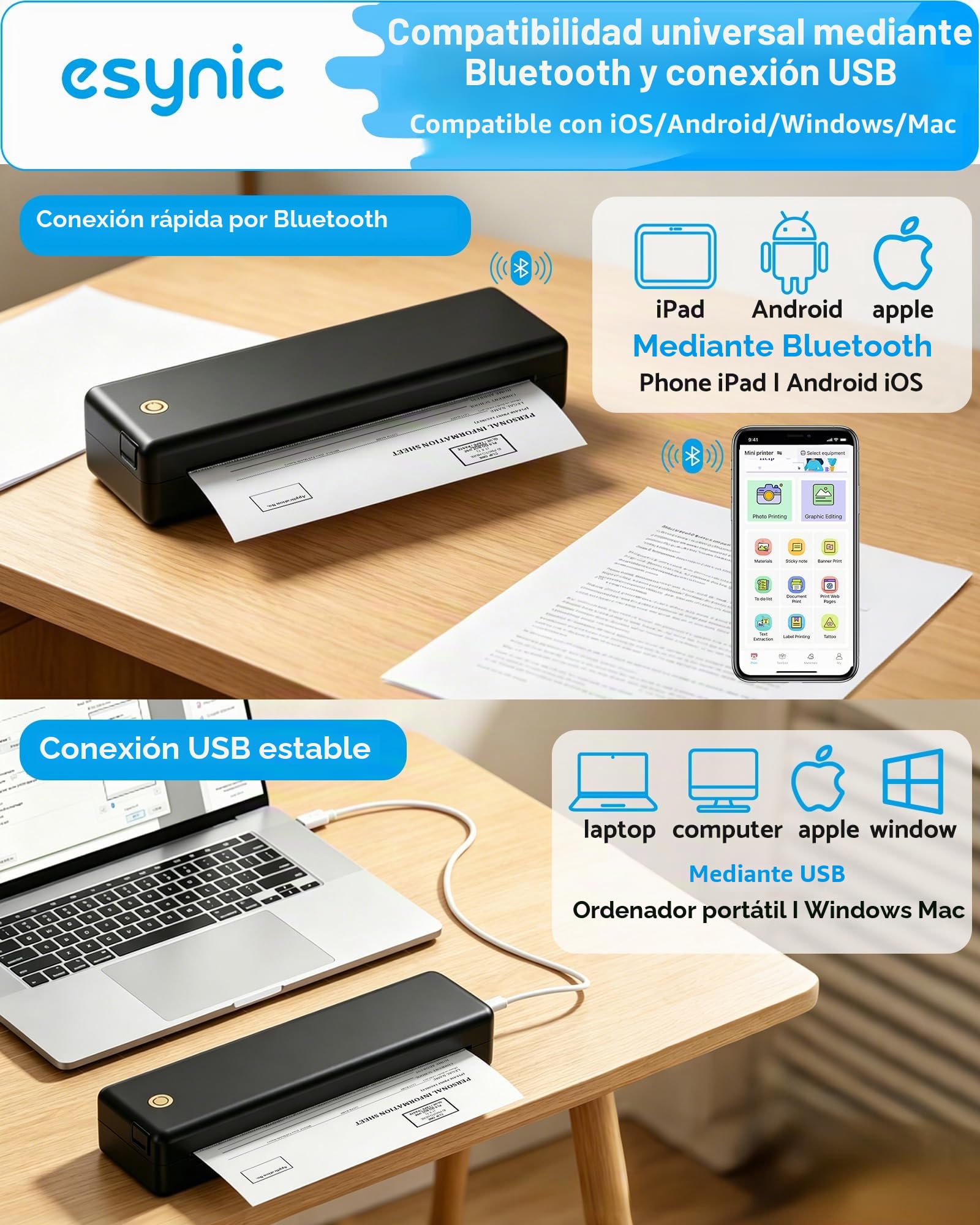 eSynic Impresora Portátil A4 sin Tinta Impresora Térmica Bluetooth Mini Impresora Móvil Impresora Compacta Impresora Inalámbrica Multitamaño para Oficina Estudio con Batería 2600mAh - Negro