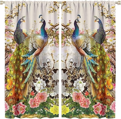 Miniatura 102 de Cortina opaca con estampado de pavo real, con estampado de animales retro, con bolsillo para cortinero y flores de peonía doradas, para dormitorio,
