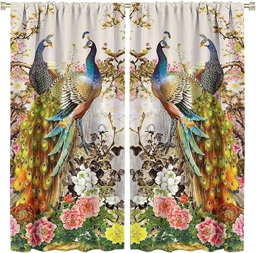 Peacock Blackout Curtain,Retro Animal Window Drapes Gold Beautiful Peony Flower Peacock Rod Pocket Curtain for Bedroom Living Room Kitchen Cafe Office Decor,Total Size of The 2 Panels is 42x45in
