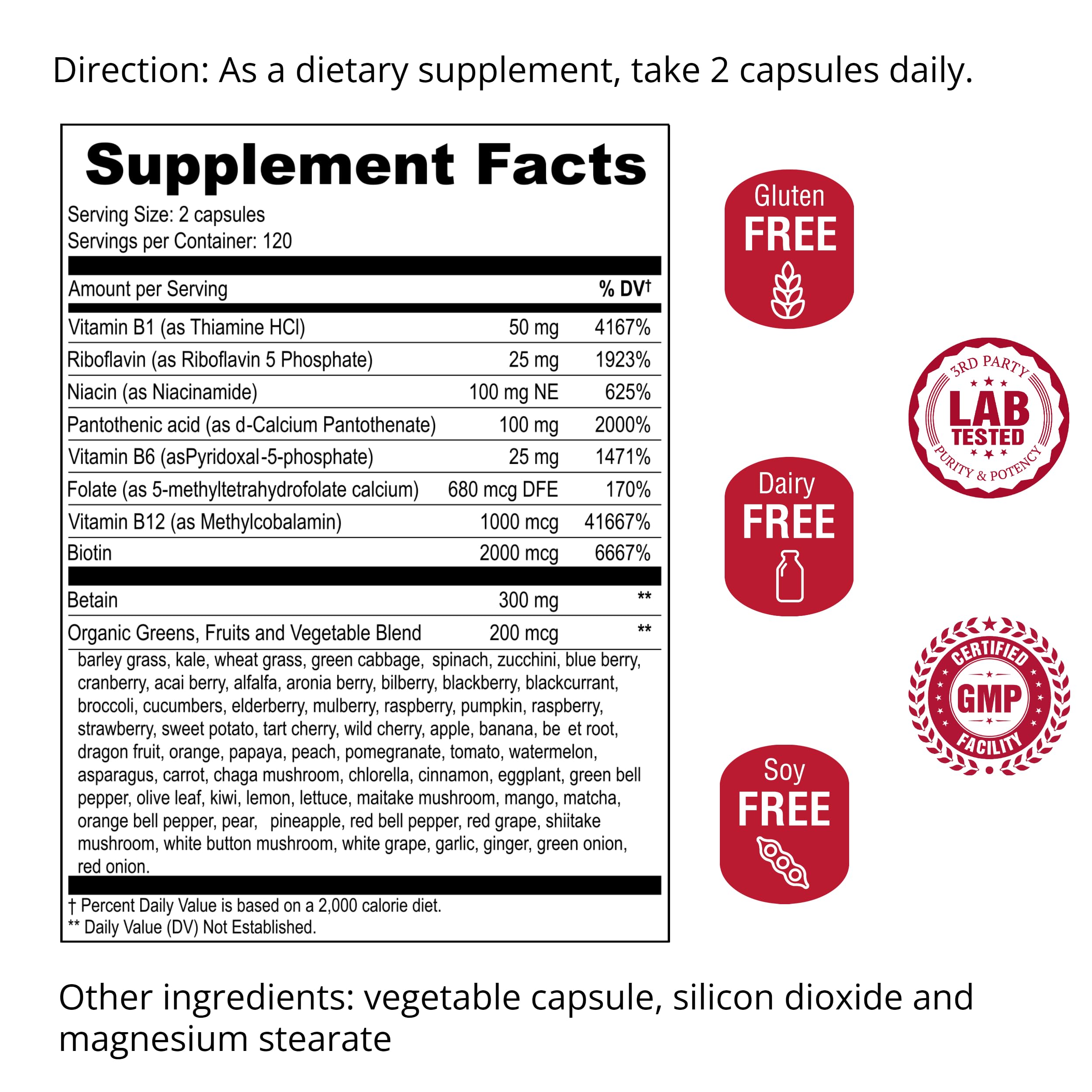 UpNourish Methylated B Complex Vitamins for Women and Men, 240 Veggies Capsules - Active Pure B Complex with Organic Fruits, Vegetables, B1 Thiamine, B2 Riboflavin, B3 Niacin, Folate, Methylcobalamin — Amazon image 4