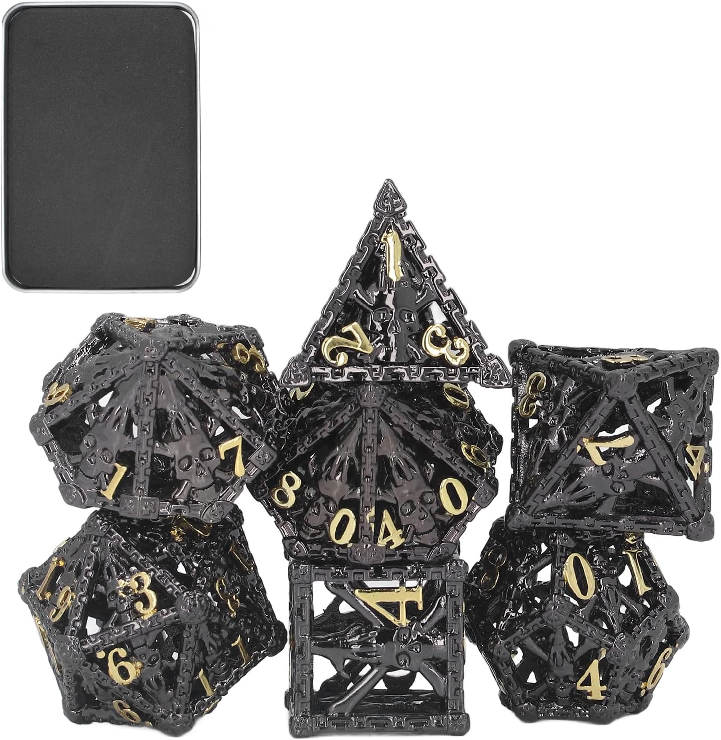 7Pcs Hollow Skull Pattern Polyhedral Dice, Portable Metal Dice Set Role Playing Game Dice DND Hollow Metal Dice Random Polyhedral Dice Set for Board Game, Halloween Party, Bars(Black and Gold)