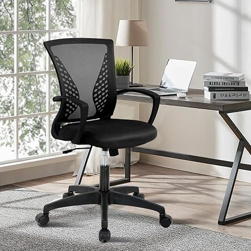 Vista 11 de Silla de oficina de malla con ruedas, silla de escritorio ergonómica de respaldo medio con brazos y soporte lumbar, cómoda silla de computadora