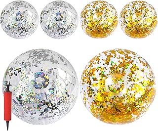 Gukasxi Inflatable Glitter Beach Ball, 6 Pcs Confetti Beach Balls Bulk Transparent Sequin Beach Balls Swimming Pool Balls for Adults Kids Summer Pool Party Toys with Inflator