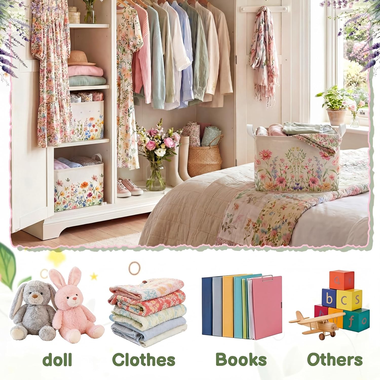 3 Pcs Spring Floral Storage Baskets for Gifts Empty Collapsible Watercolor Flowers Large Watercolor Flowers Storage Bins Rectangle Clothes Butterfly Shelf Laundry Basket Organizer for Home