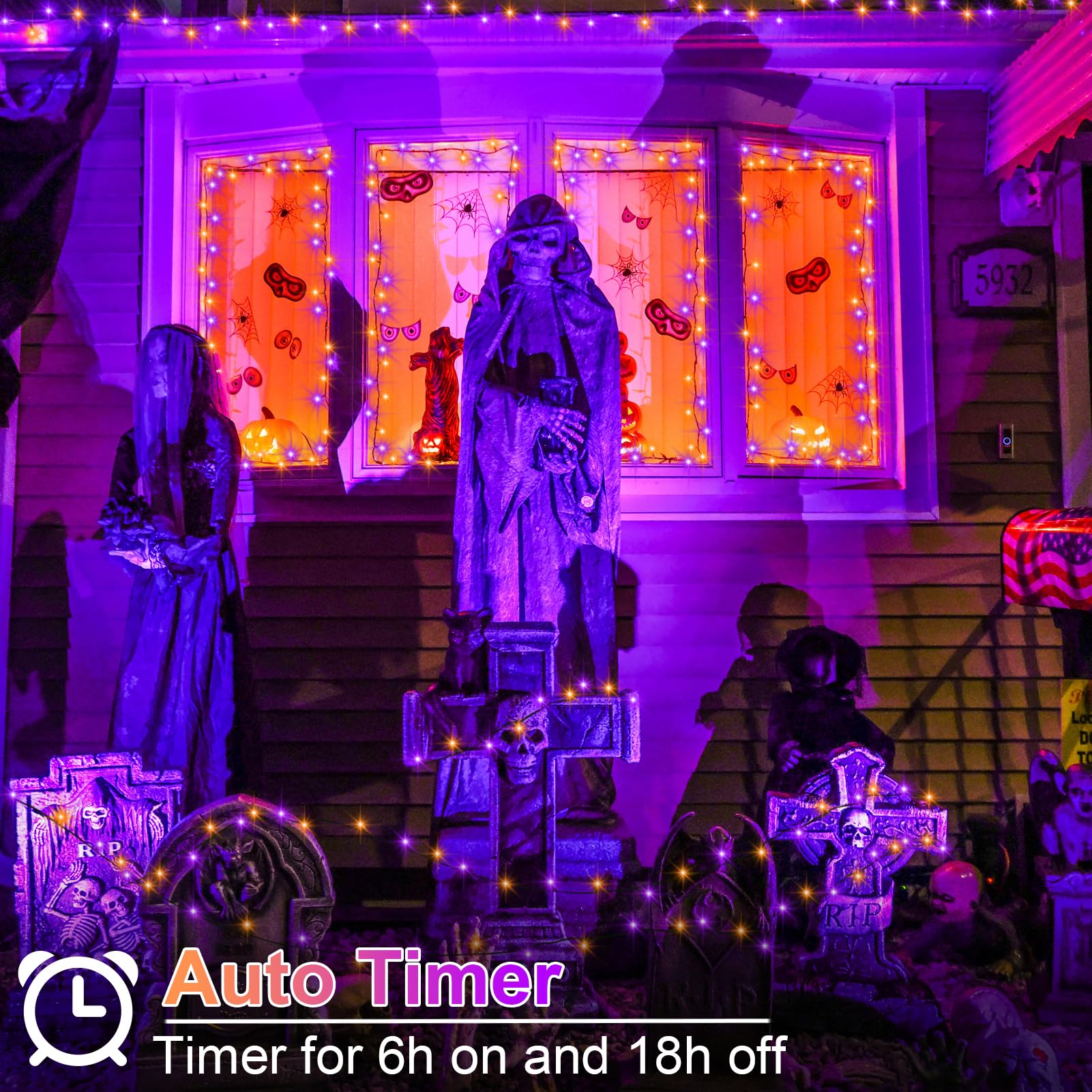 Zestaw 4 fioletowych i pomarańczowych łańcuchów świetlnych na Halloween, 50 diod LED, z timerem, 8 trybów oświetlenia, zasilany bateryjnie, na imprezę, podwórko, patio