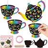 CY2SIDE Tea Party Scratch Cards - 60PCS DIY Floral Tea Cup and Teapot Scratch Paper Art for Kids School Activity, Let’s PARTEA Magic Art Rainbow Color Craft Ornament for Baby Shower Wedding Decoration