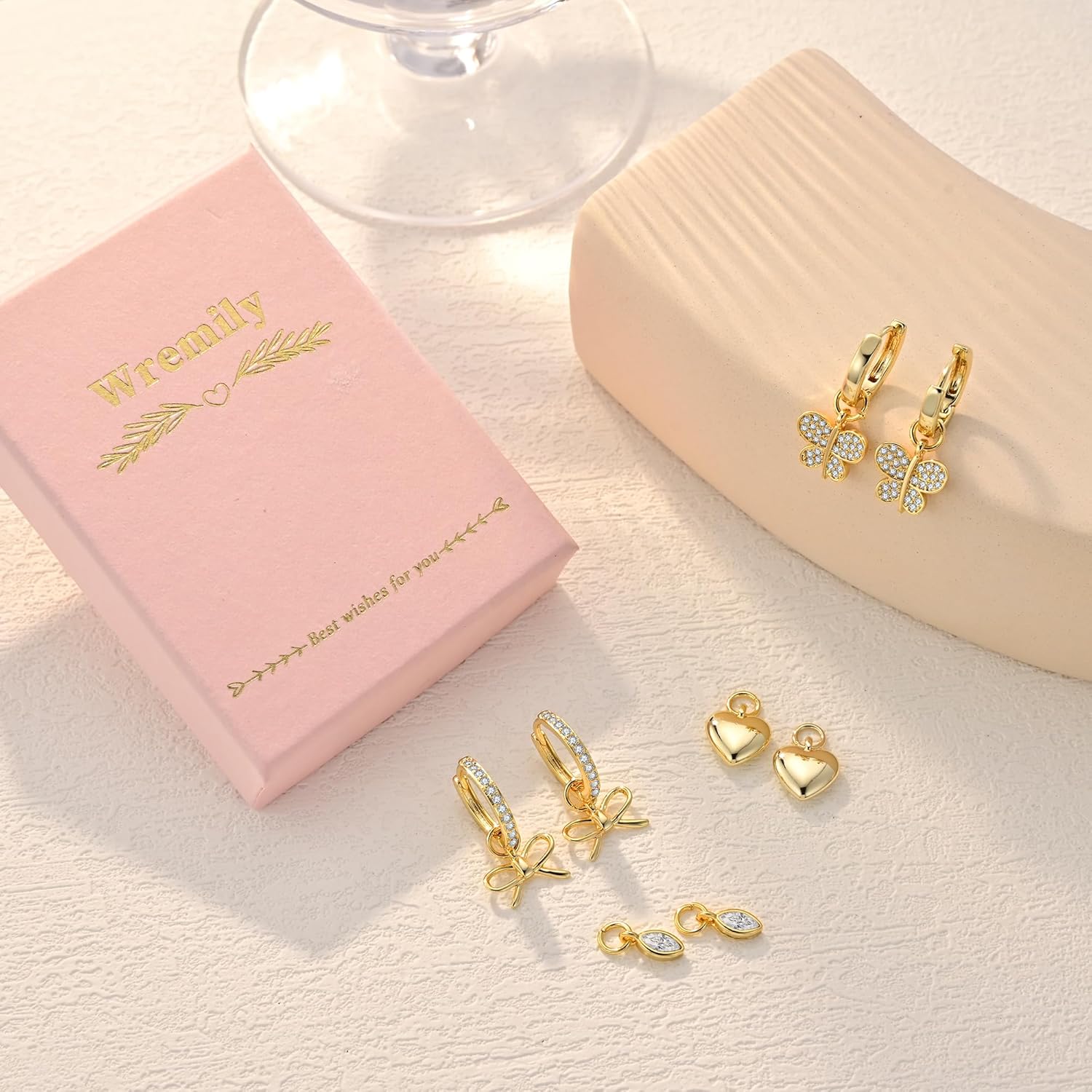 14K Gold Plated Huggie Earrings and Charm Set for Women |Mix and Match Earring Pack with Cubic Zirconia Star Heart Flower Bow Small Hoop Earrings with Charms - Image 5