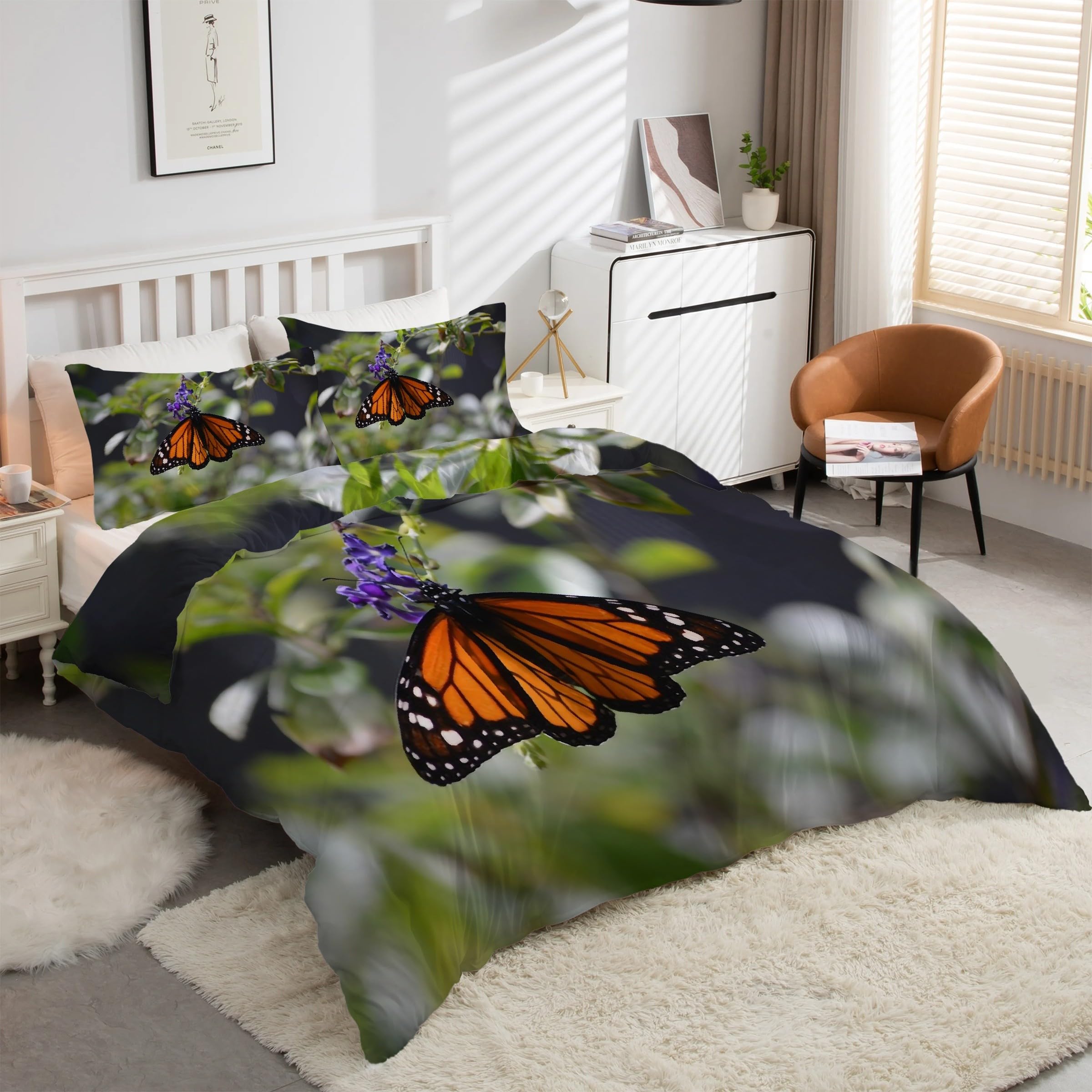Housse de couette 160x200 papillon plantes parure de lit 3 pièces microfibre avec taies d'oreiller