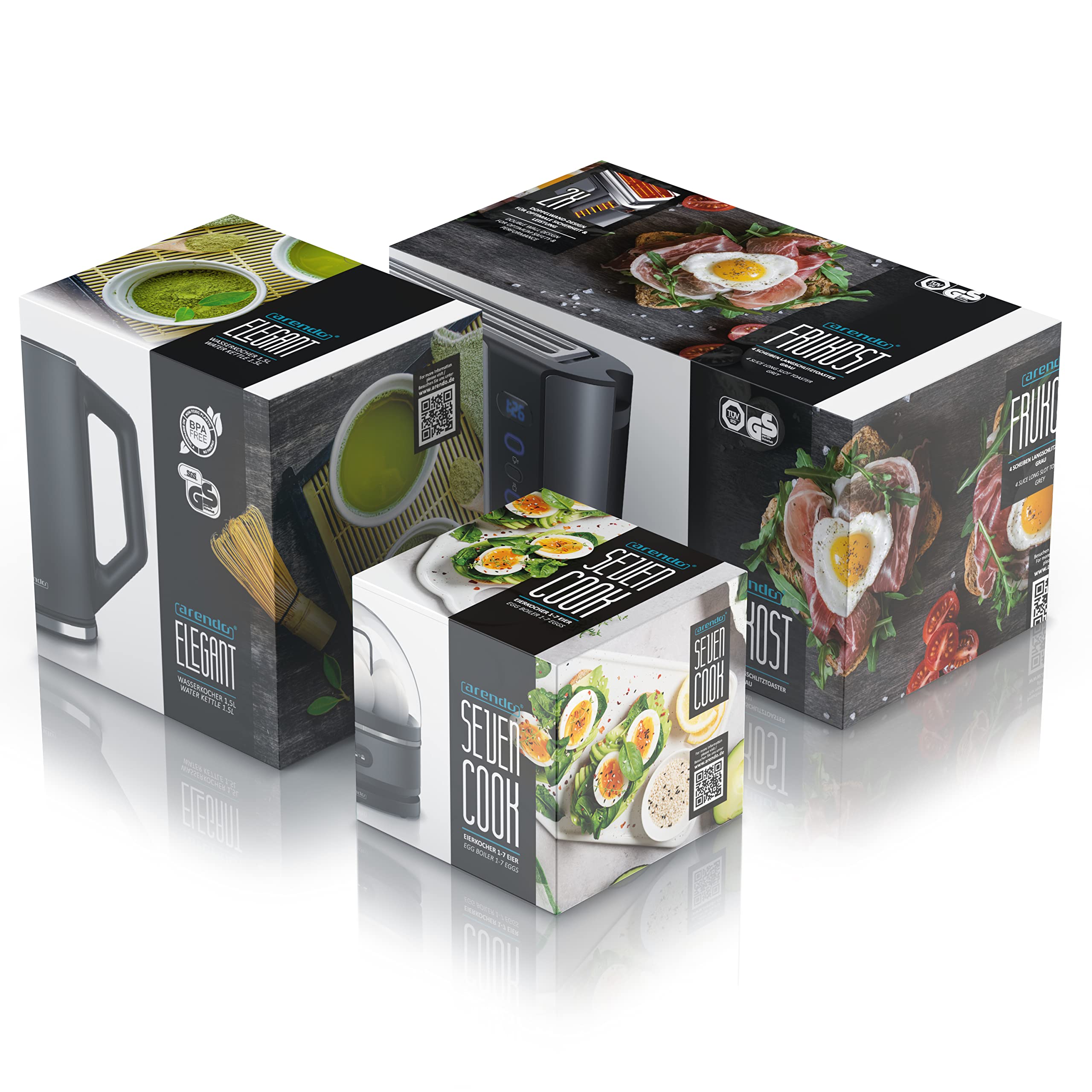 Arendo Ensemble Bouilloire Grille-Pain Cuiseur à Œufs Inox 1,5L 40°-100°C Toaster 4 Tranches LED 6 Niveaux Cool grey