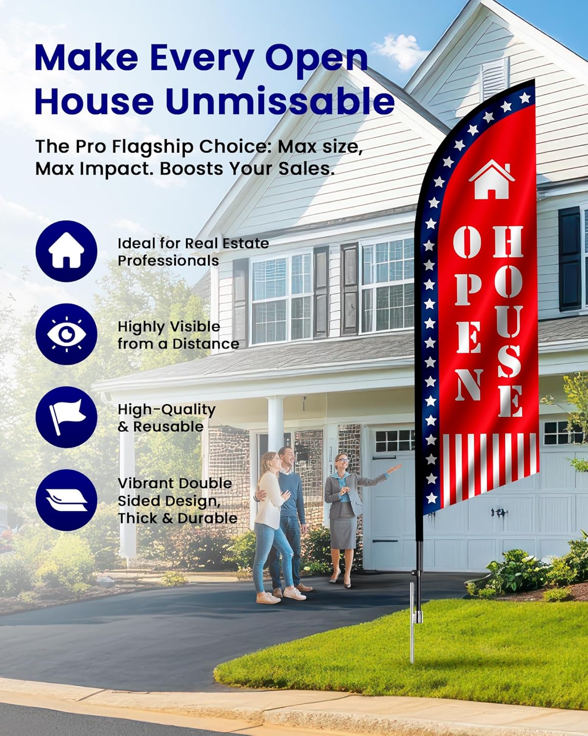 Upgraded Open House Signs for Real Estate, Large Red Open House Feather Flag/Double-Sided Design / 9.3ft Tall, Patriotic Open House Banner for Realtor Supplies, with FlagPole,Flag,Ground Stake,Bag