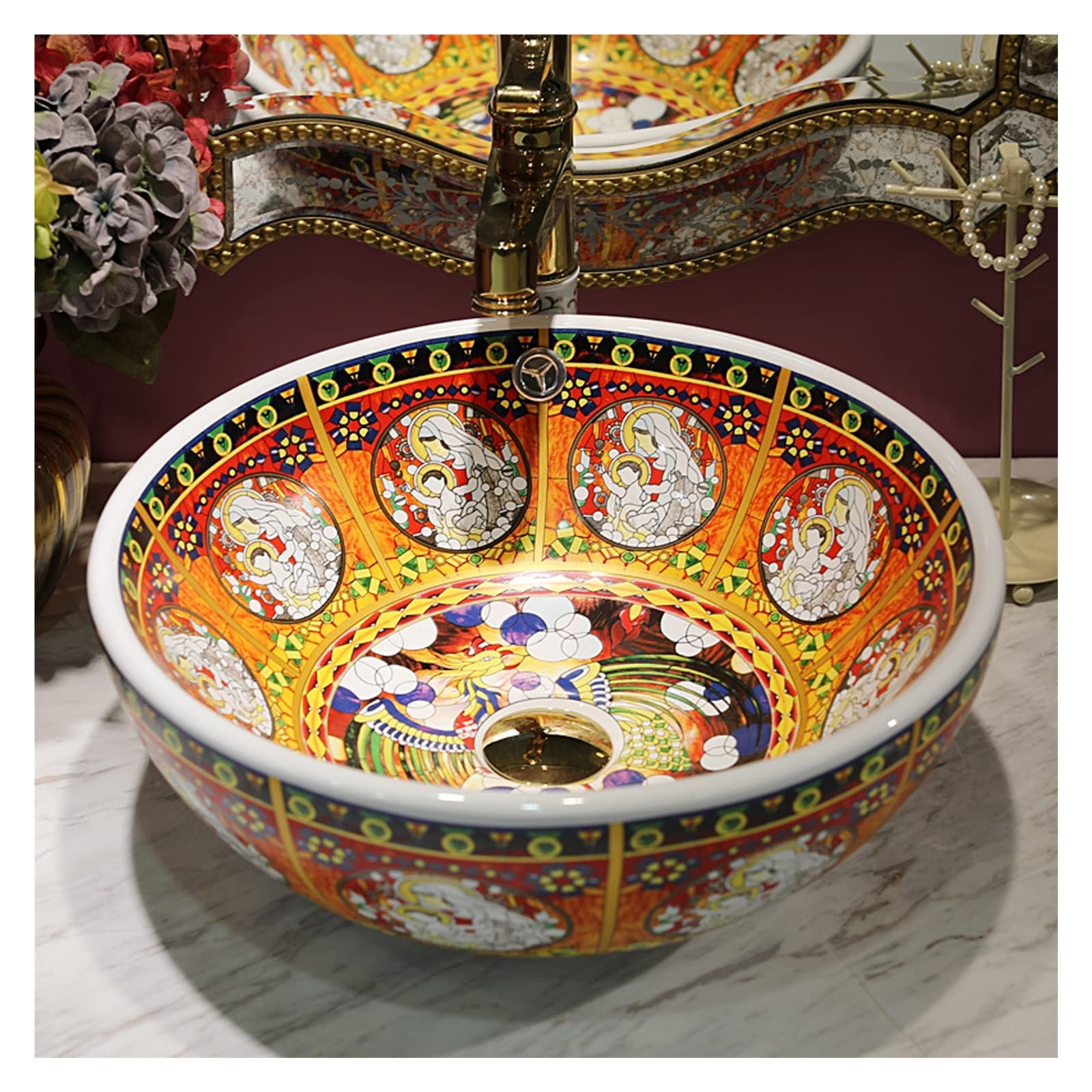 WOTZOV Round Vessel Sink,Exquisite Bathroom Artistic Porcelain Vessel Bowl With Faucet Pop-Up Drain,A A