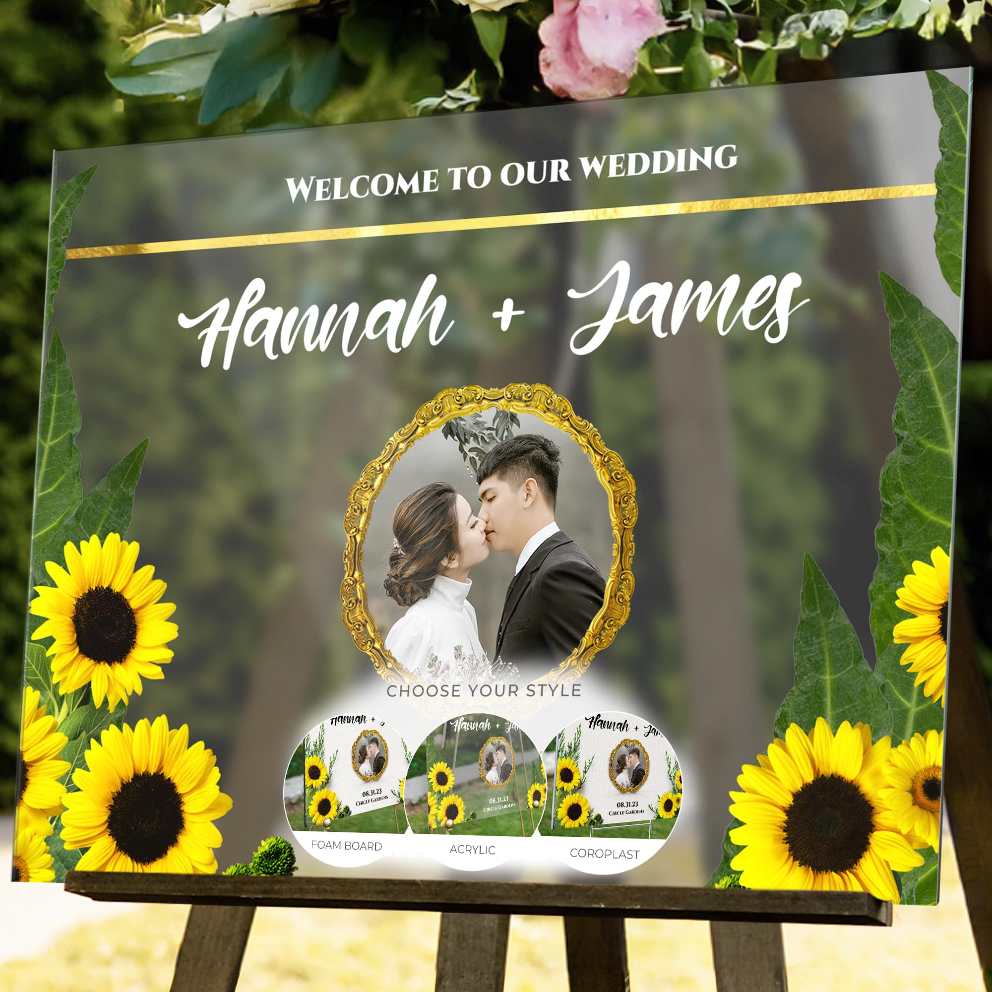 24x18" Personalized Wedding Welcome Sign with Photo and Text, Custom Reception Sign in Acrylic, Foam Board, or Coroplast (Design 4)