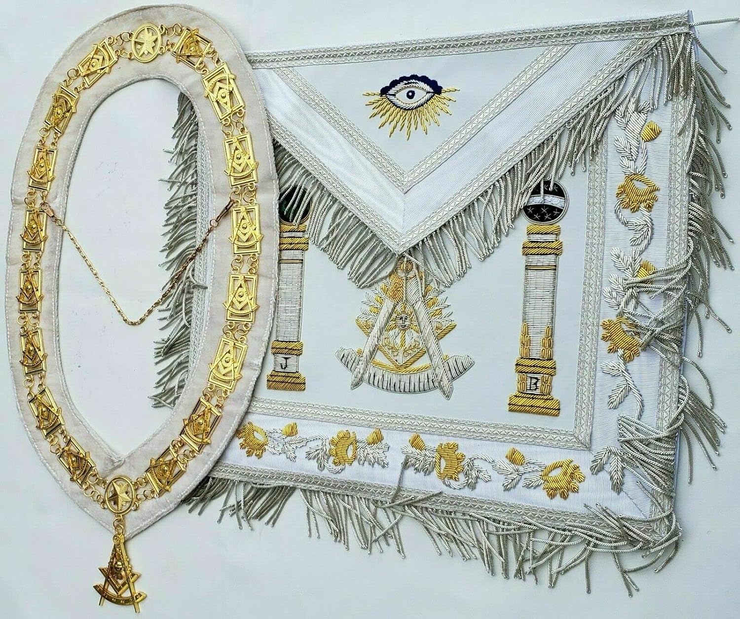 Masonic Regalia Apron Hand Bullion EMBROIDERED PAST MASTER Collar chain White, free size
