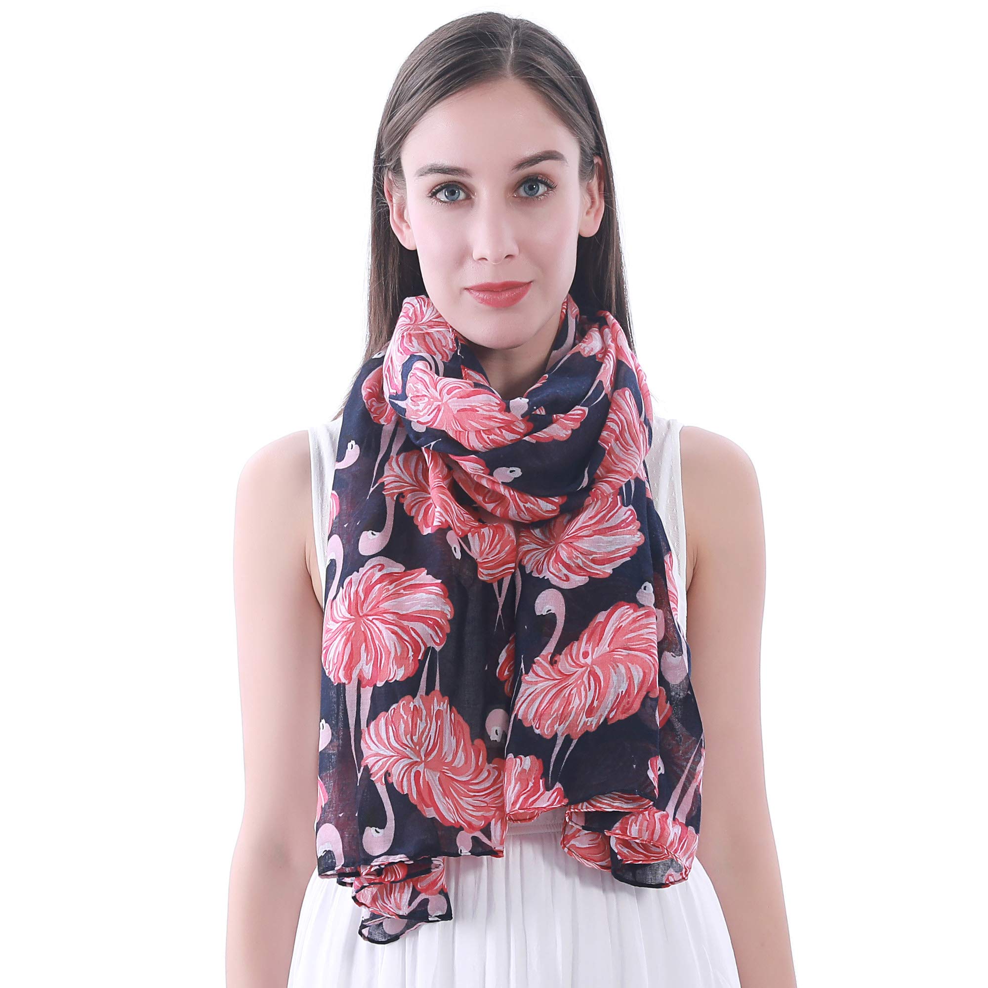 Lina & Lily Women's Navy Blue Flamingo Print Lightweight Scarf Shawl (Navy Blue)