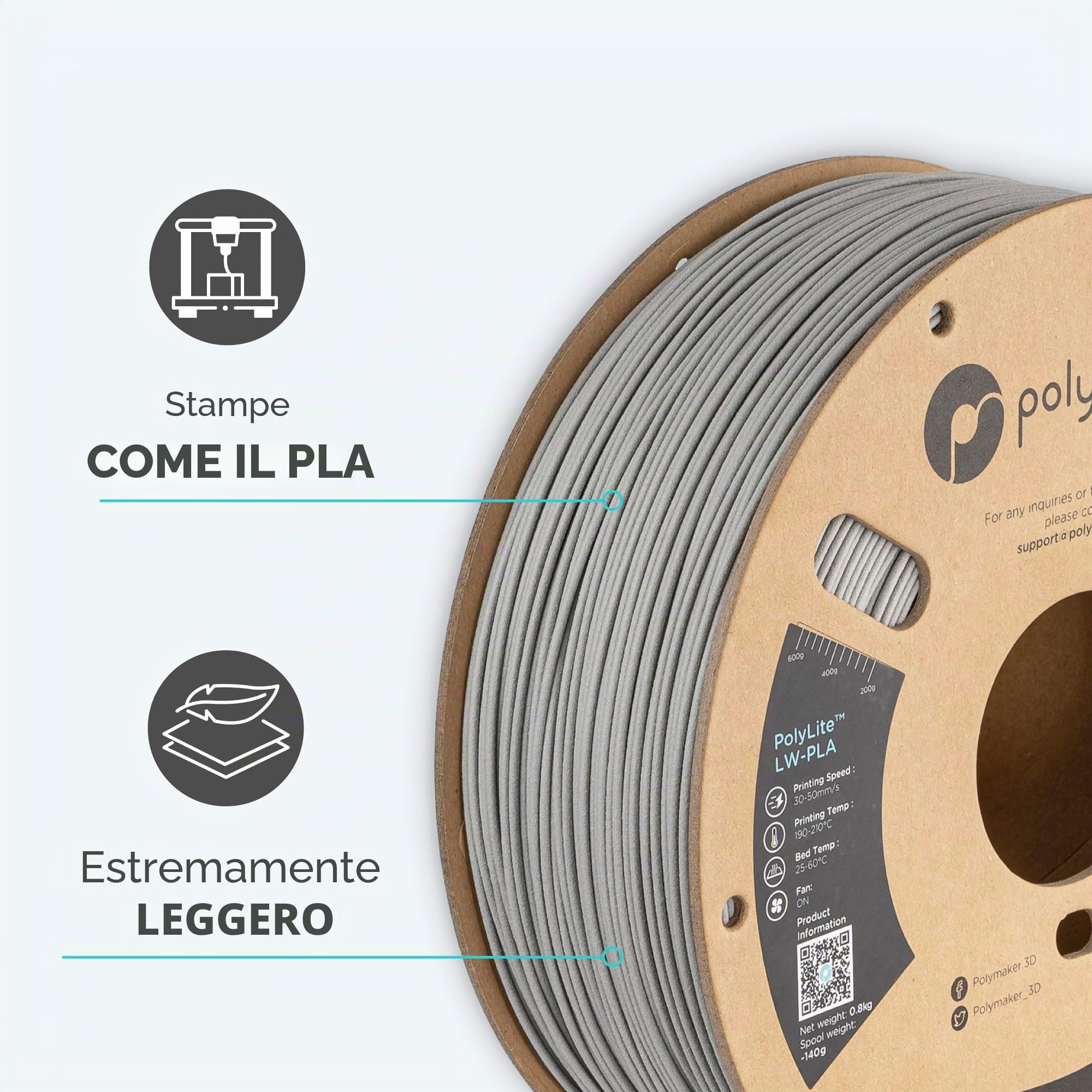 Polymaker PolyLite LW-PLA - 1.75mm - 800g - Grigio