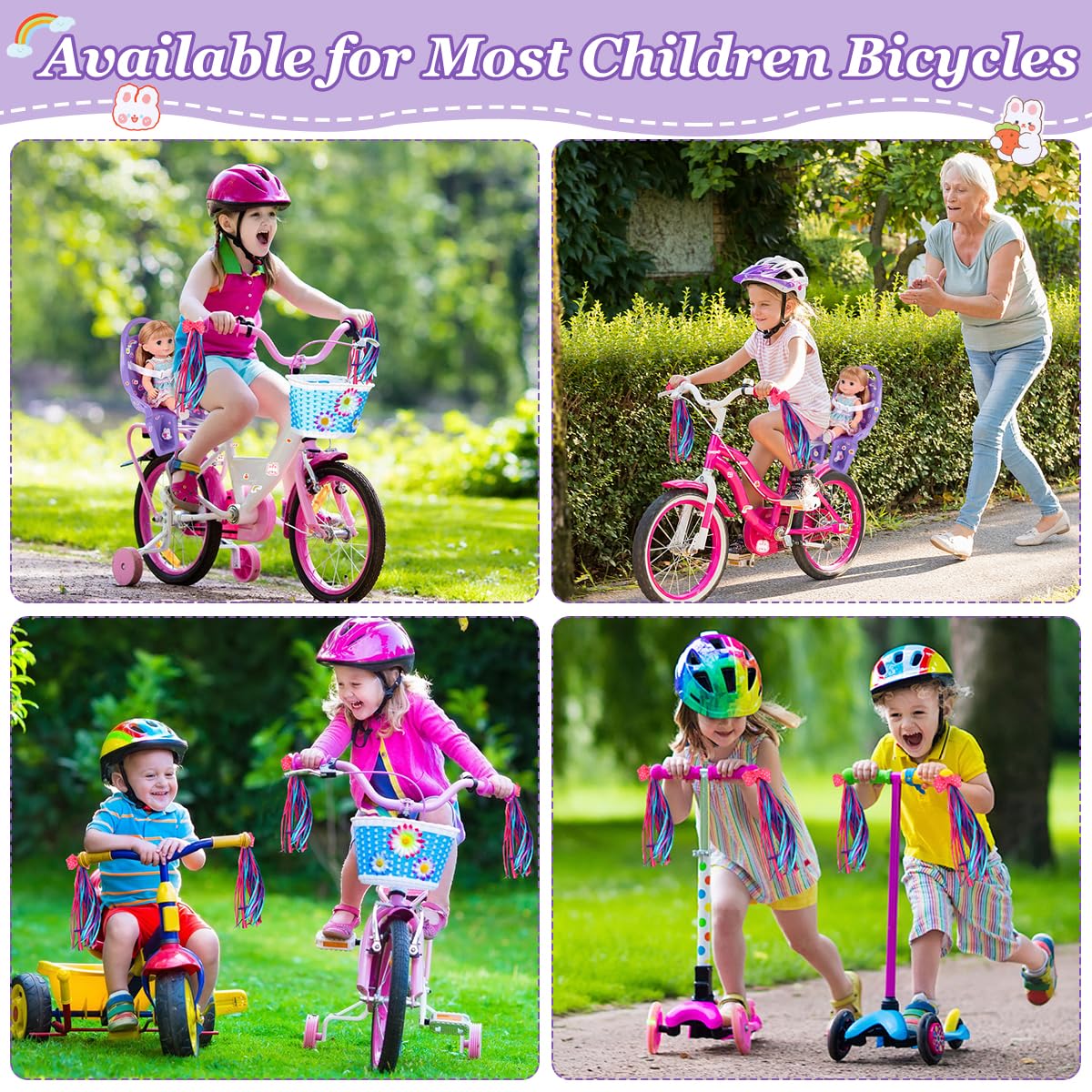 Seggiolino per Bicicletta per Bambole con Adesivi Fai da Te e Manubrio Stelle Filanti, Accessorio Bicicletta per Bambini