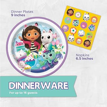 Gabby Dollhouse Party Decorations | Gabby Dollhouse Birthday Decorations | Tablecover, Plates, Napkins, Button | Serves 16 |