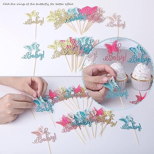 Miniatura 5 de Rsstarxi 24 adornos de mariposa para cupcakes, púas 3D con purpurina morada para baby shower, revelación de género, decoraciones de fiesta de