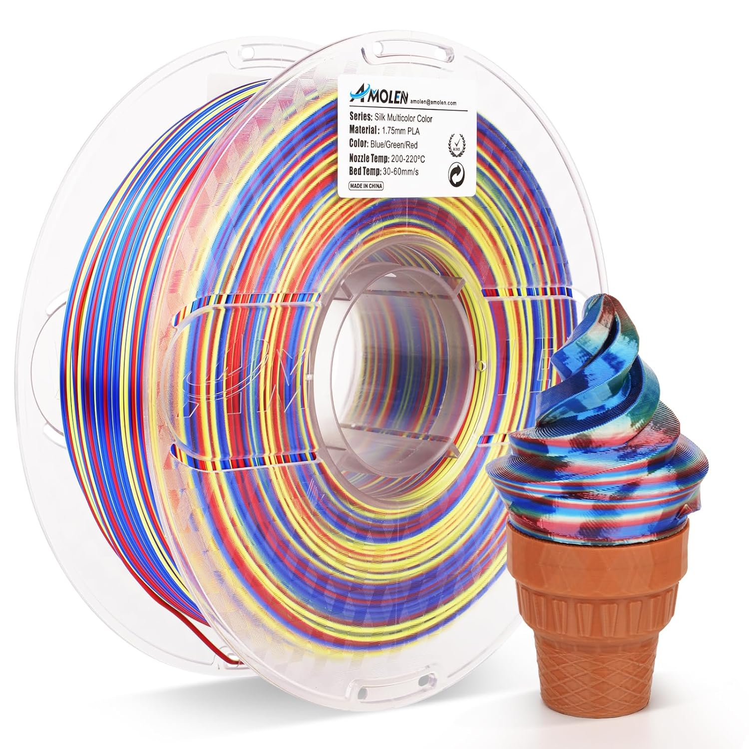 AMOLEN PLA 3D Printer Filament, PLA Filament 1.75mm Silk Shiny Black Red Gold & Fast Color Change Blue Red Green PLA