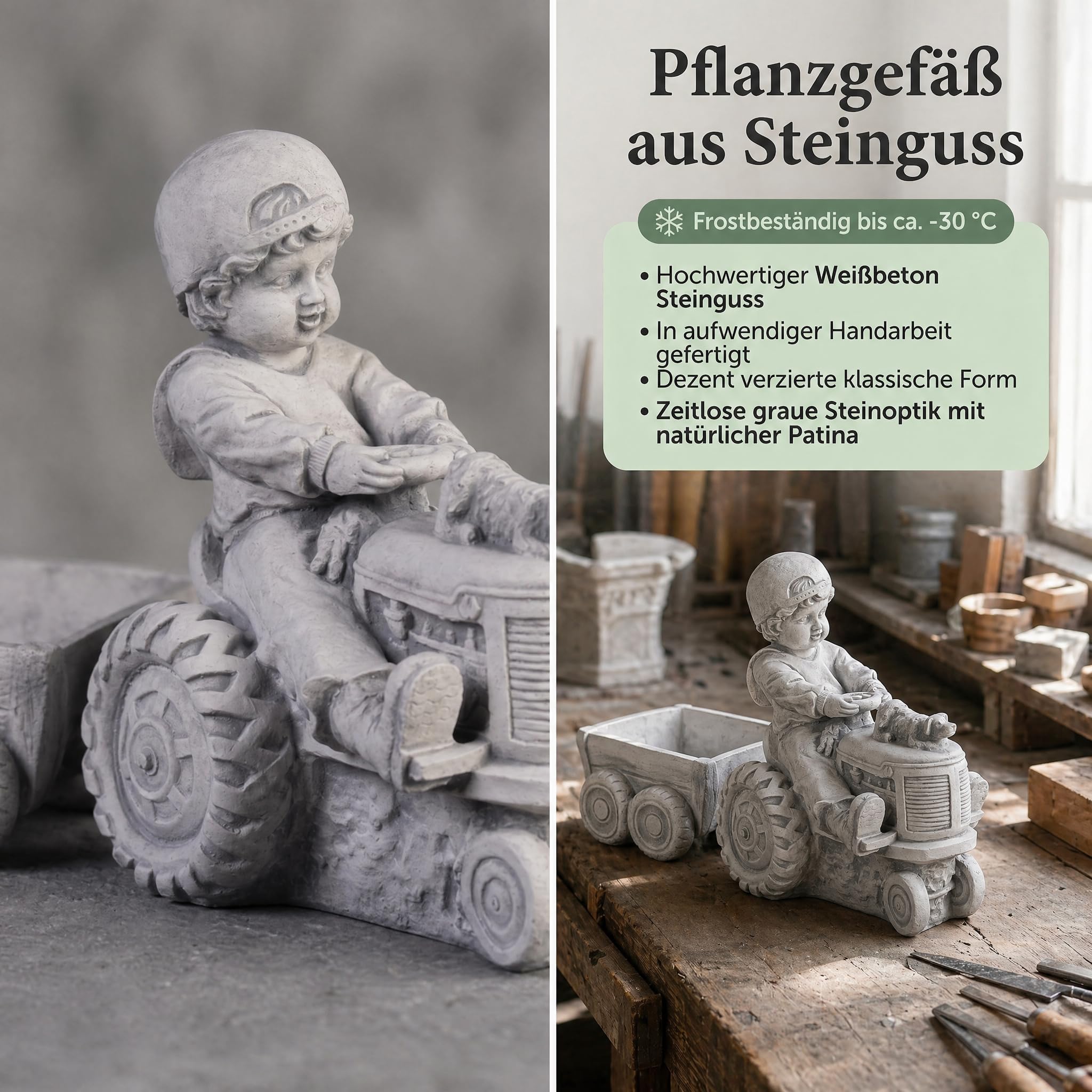 gartendekoparadies.de Gartendeko Junge mit Traktor und Anhänger als Pflanzgefäß, Steinguss Grau, H 32 cm, ca. 0,7 l, ca. 14 kg, frostfest bis -30 °C