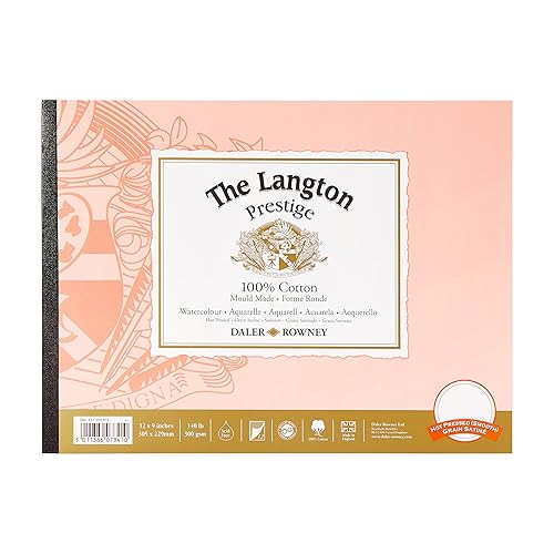 Daler-Rowney The Langton Prestige Hot-Pressed Watercolour & Gouache 300gsm 12 x 9 in Paper Pad, Glued 1 Side, 12 Natural White Sheets, For Professional Artists & Students