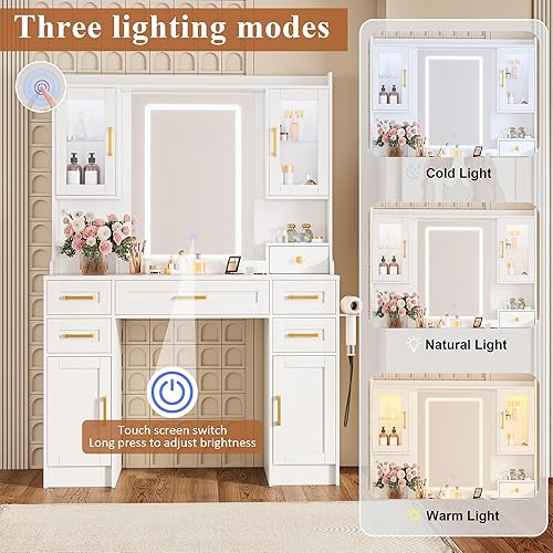 Miniatura 4 de NUNU LAB Tocador de maquillaje con espejo y luces, mesa de tocador blanca con estación de carga, tocador de maquillaje con gabinetes RGB y 7 2-043