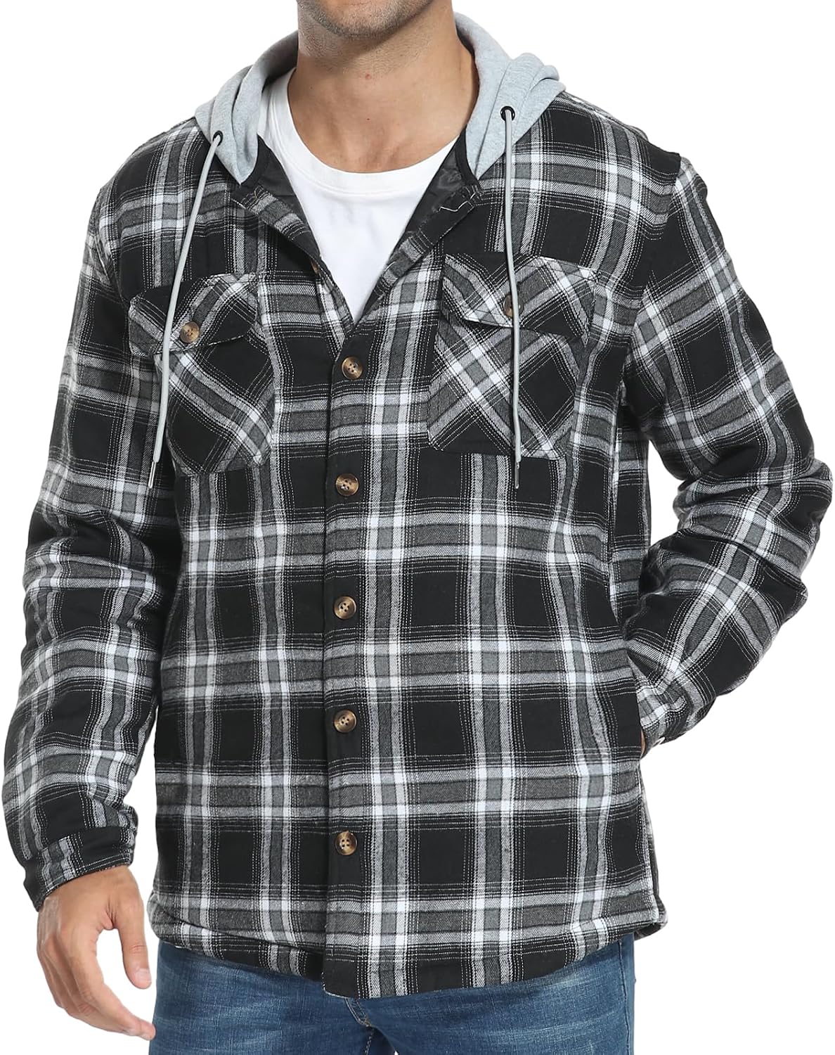 PEGENO Men's Long Sleeve Plaid Button Quilted Lined Flannel Shirt Jacket with Hood