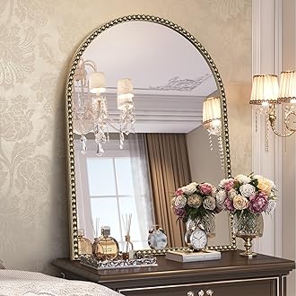 Brauthon Arched Beaded Mirror for Bathroom, 24"x32" Antique Gold Arch Vanity Wall Mirror, Retro Brass Metal Frame Champagne Bronze Mirrors for Bedroom Dressing Room Entryway Fireplace