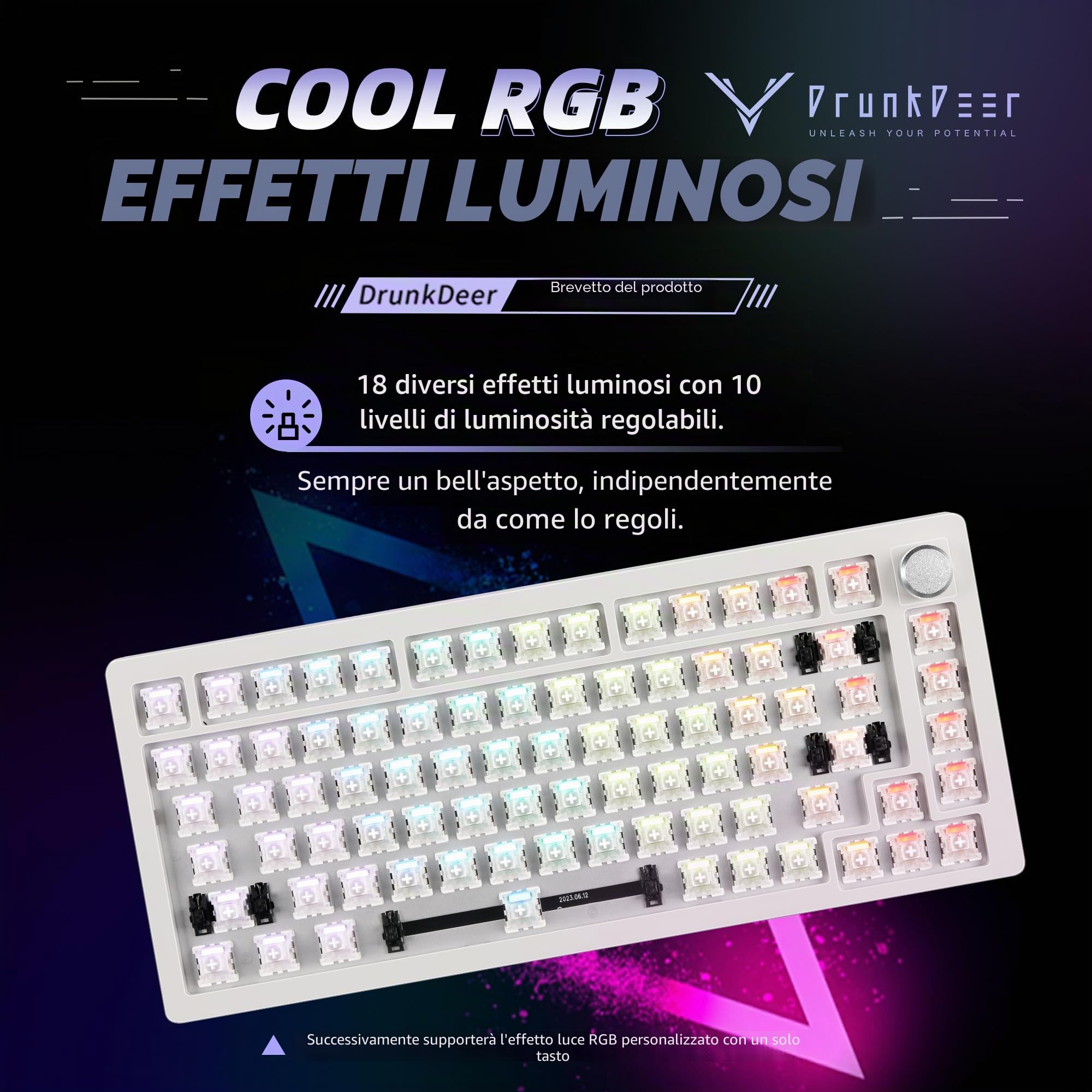 DrunkDeer Tastiera meccanica A75, tastiere da gioco TKL, interruttore magnetico iper veloce, RGB cablato USB compatto 82 tasti con manopola bianca, Barebone