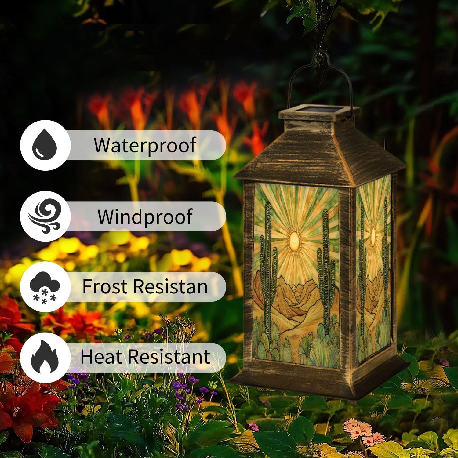 Solar Lantern Intricate Tribal Tattoo Style Stained Glass Artwork Outdoor Waterproof Garden Hanging Lantern Solar Powered Lighting Outside Table Lamp for Patio Deck Camping 1 Pack