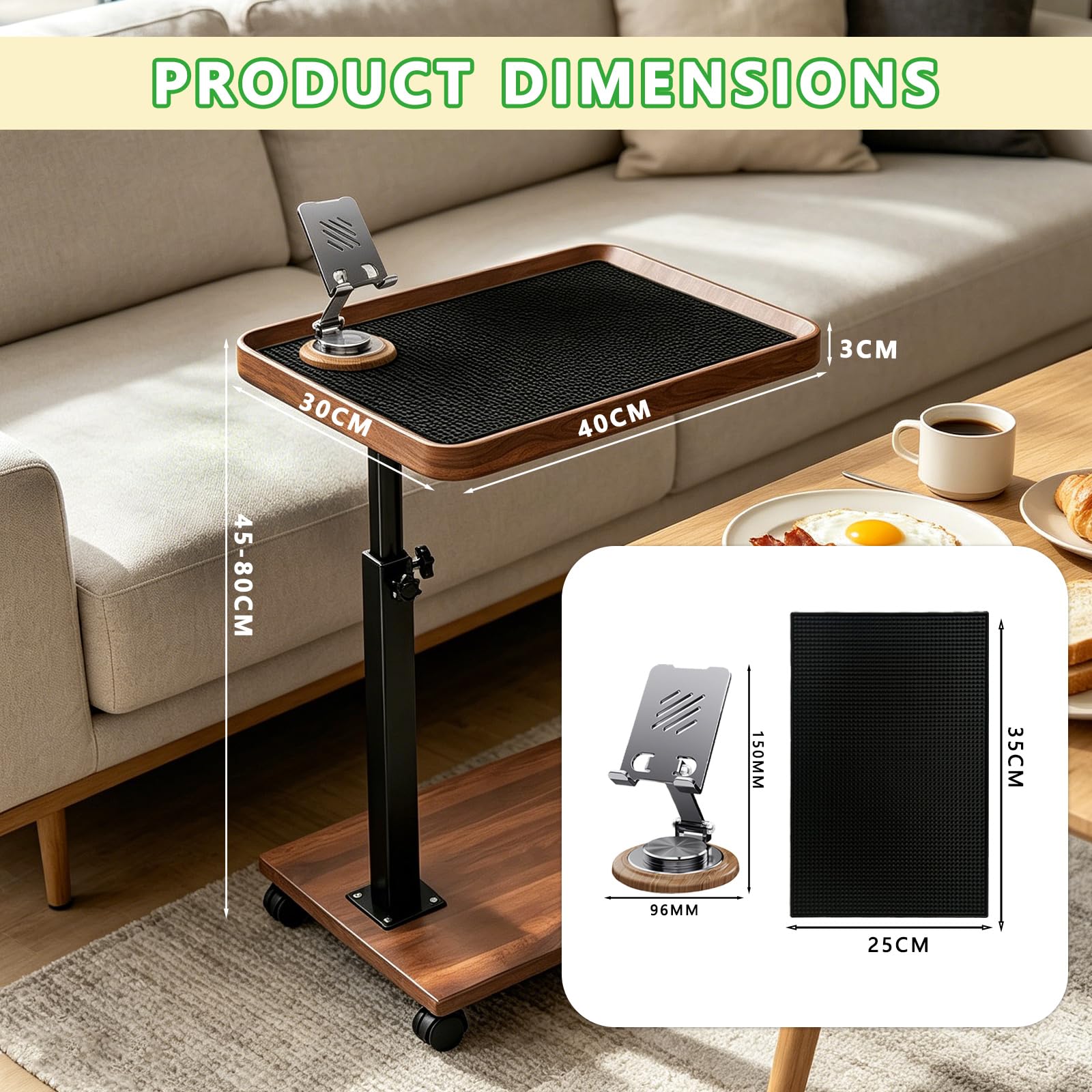 Tavolino a forma di C con ruote, regolabile in altezza 45 – 80 cm, girevole a 360°, piano in MDF con telaio in acciaio, supporto per cellulare e tappetino in silicone, 35 x 25 cm, divano e