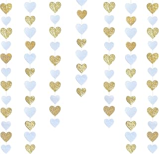Gold and White Heart Decorations Double Sided Sequin 3D Heart Hanging Wall Art Ornament Garland for Home Office Bedroom Valentines Day Holiday Christmas Weeding Shower Anniversary Home Wall Decor