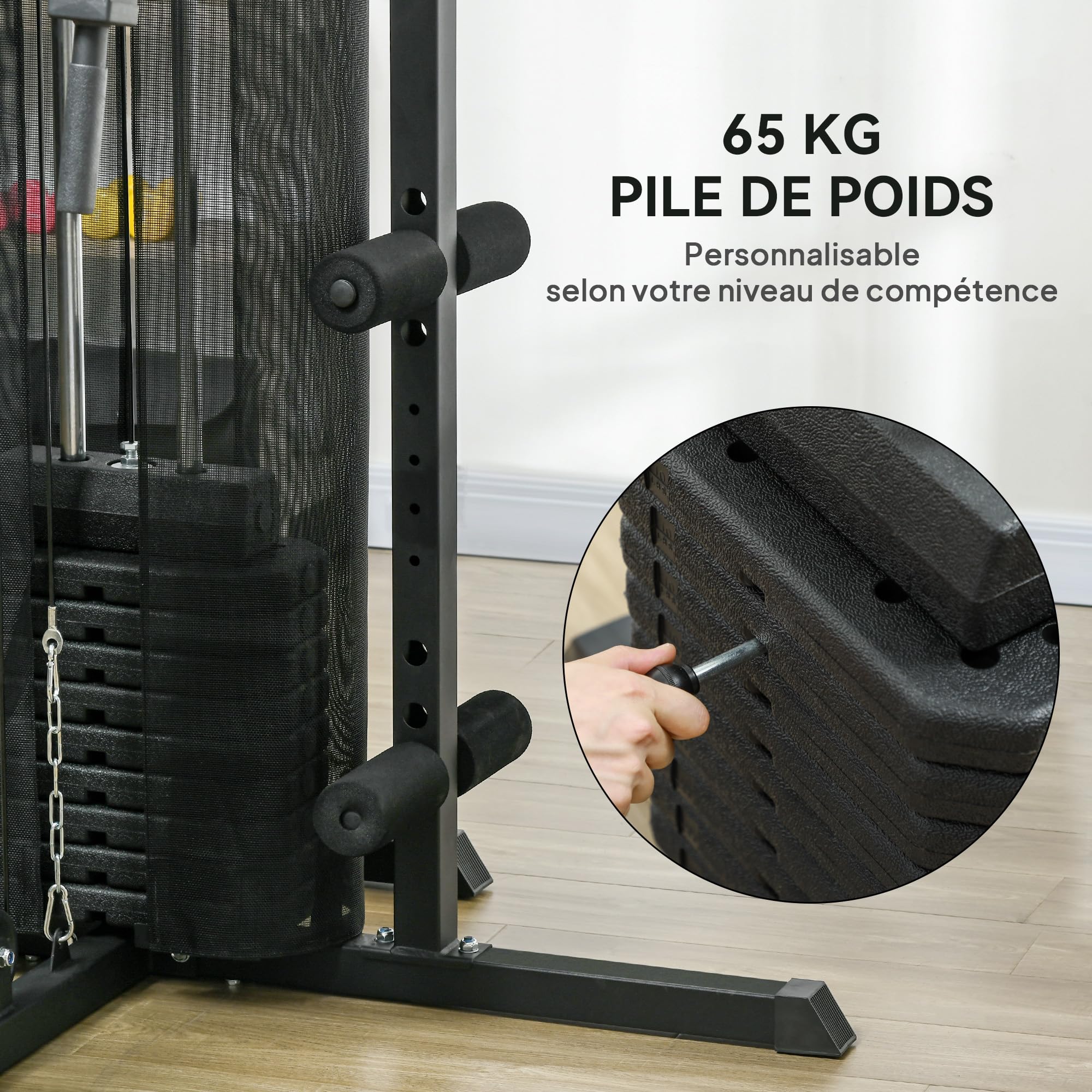 SPORTNOW Station de Musculation Multifonction Ajustable - Collaboration Aosom.FR x FFHandball - Banc Fitness 10 contrepoids 65 kg avec Filet de Protection Appareil de Musculation à Domicile