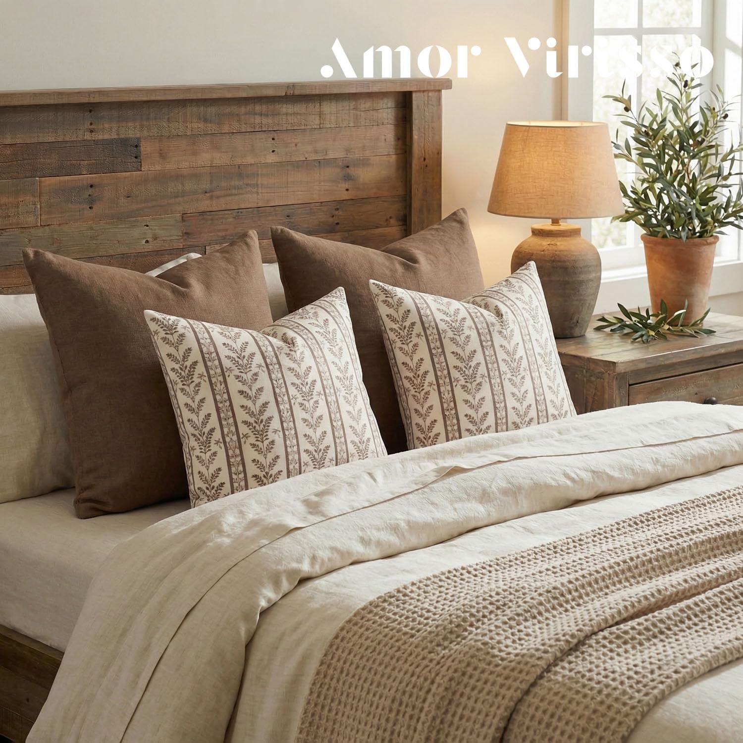 Amor Virisso Floral Pillow Covers 24x24 Set of 2 Block Print Pillow Cover Neutral Boho Farmhouse Accent Striped Decorative Pillow Covers for Sofa Bed, Brown