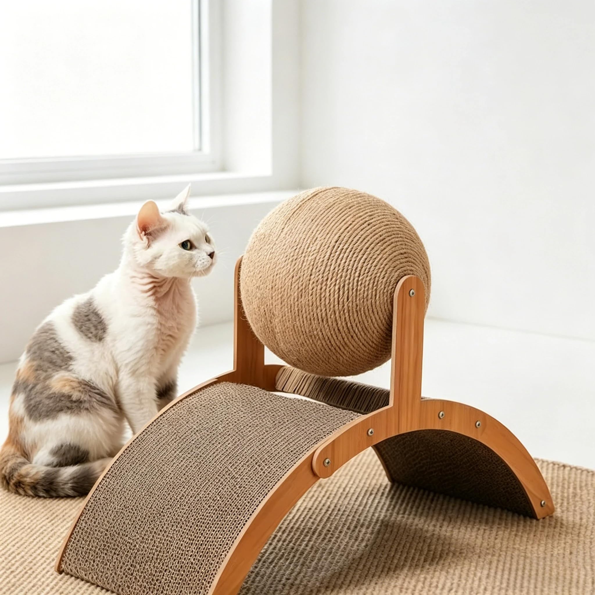 Palla tiragraffi interattiva in sisal con palla rotante a 360°, design ad arco e ponte, resistente tappetino tiragraffi per gatti da interni, appartamento (L)