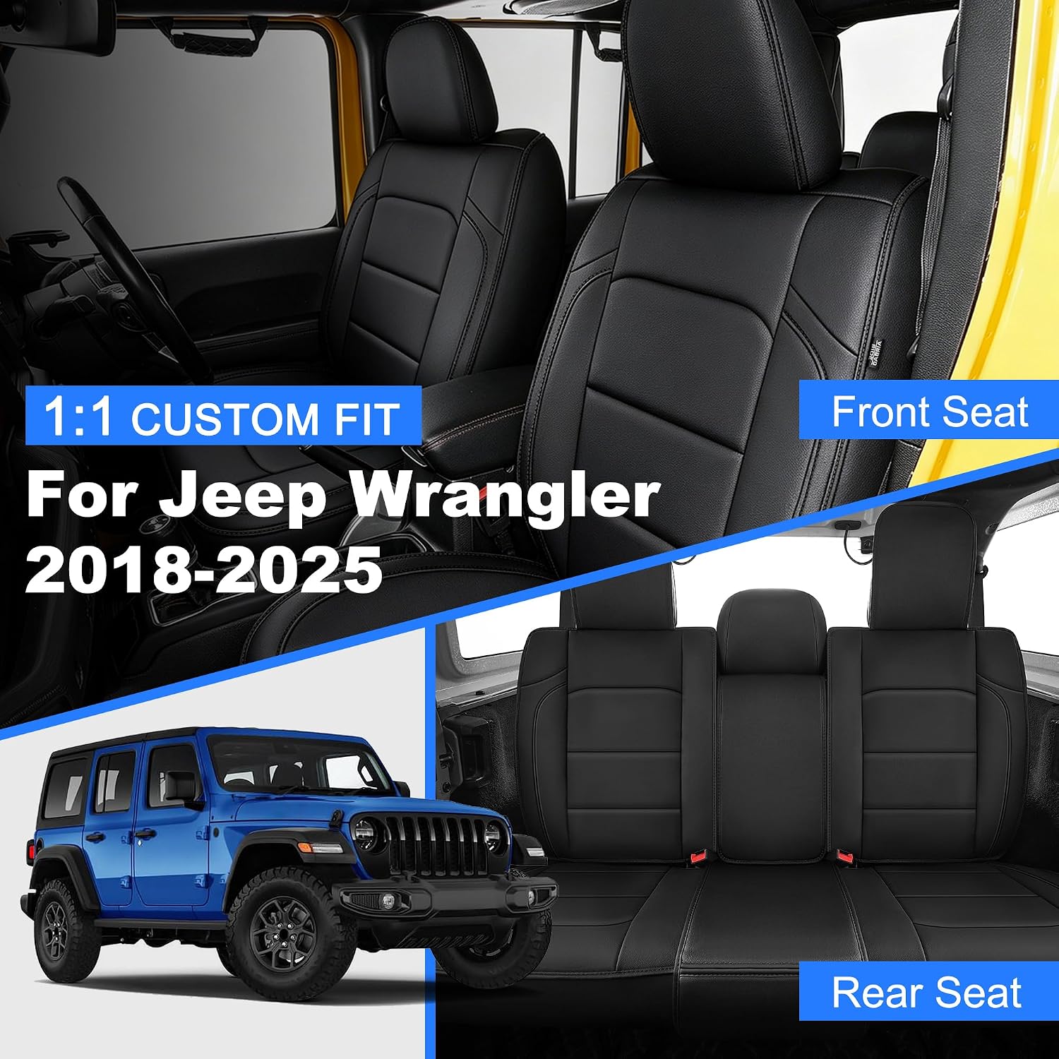 TTX LIGHTING 2 Front Car Seat Covers Custom Fit for Jeep Wrangler 4-Door Seat Covers 2018 2019 2020 2021 2022 2023 2024 2025 Waterproof Faux Leather Cover Compatible with Airbag(only Front seat,Black)