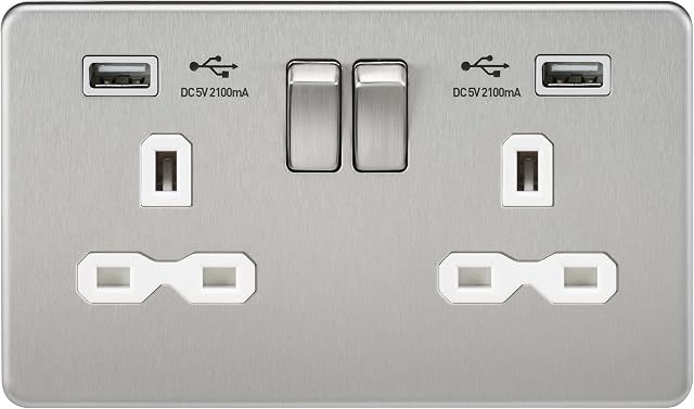 Knightsbridge SFR9902BCW 13 A 2G Screw Less Brushed Chrome Switched Socket with White Insert and Dual USB Charger, Silver