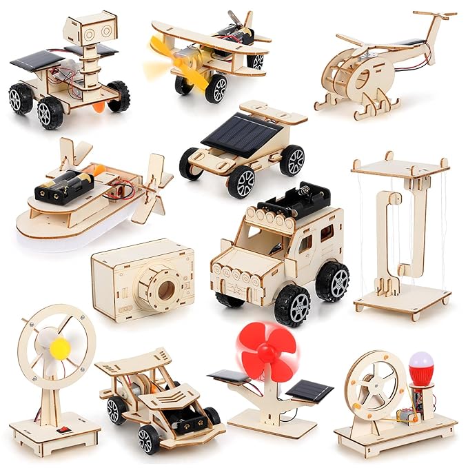 Soulchen 12 Sets STEM Kits DIY Wood Building Projects Solar Car Engineering Learning Projects
