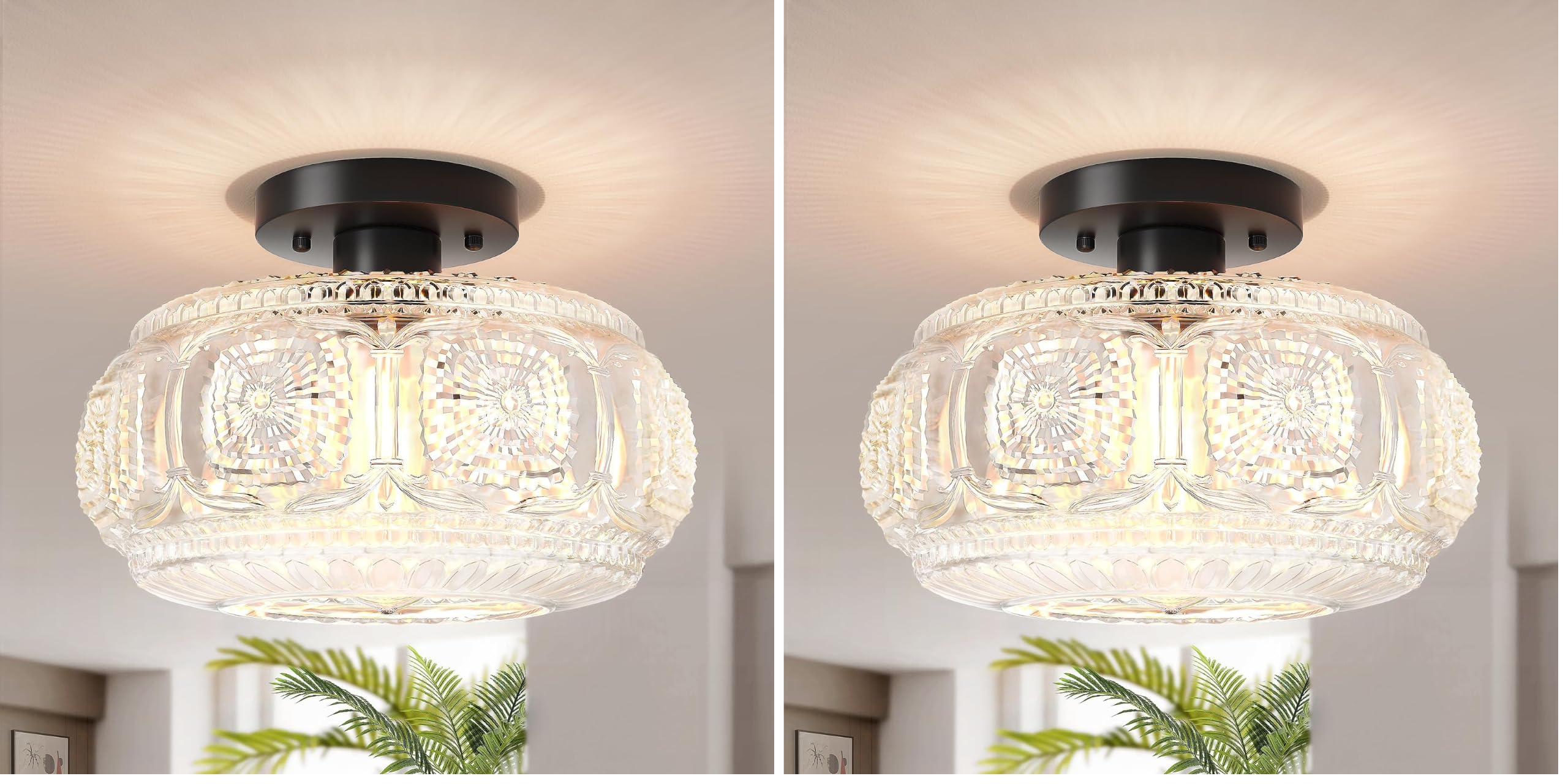 Semi Flush Mount Ceiling Light, Upgraded Larger Black Glass Ceiling Light Fixture, Vintage Lighting for Hallway Kitchen Bedroom Dining Room, Bulb Not Included (Pack of 2)