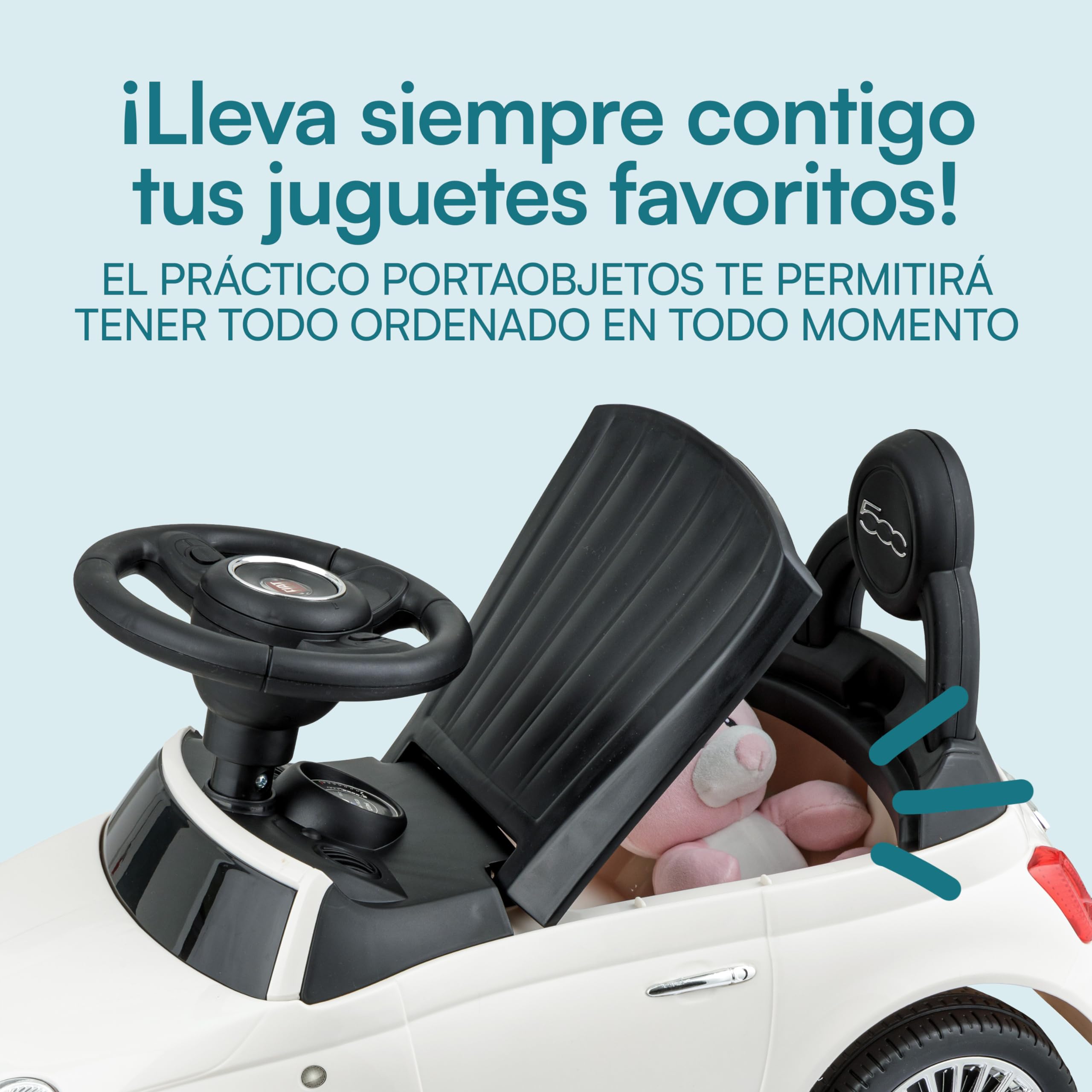 Baroni Toys Fiat 500 Coche de Paseo para Niños de 12 a 36 Meses, Volante con Claxon y Sonidos, Compartimento Portaobjetos y Respaldo, Coche Infantil para Aprender a Andar, Blanco, 28x60x23 cm